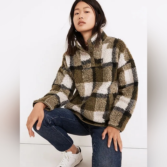 Madewell (Re)sourced Sherpa Popover Tunic Jacket in Plaid Olive Surplus Size S - Picture 1 of 16